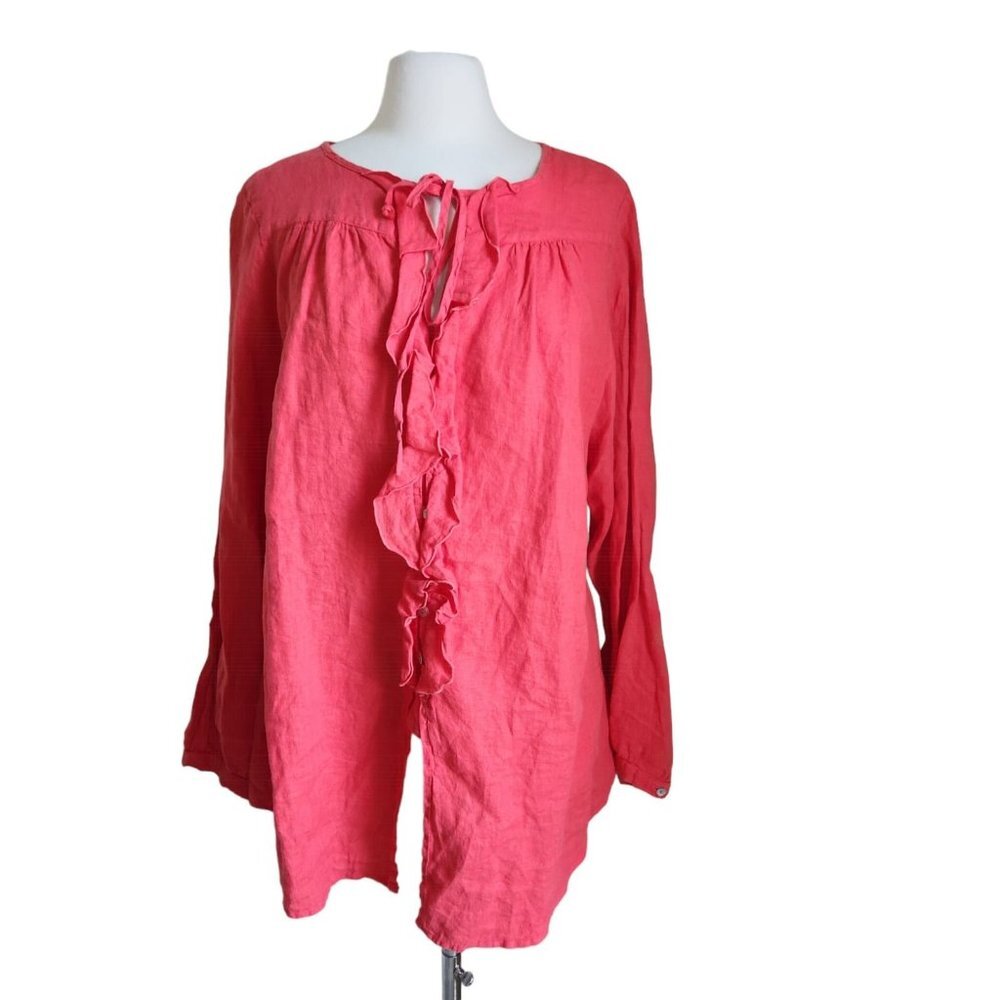 Cut Loose 100% Linen Top Cardigan Women XL Ruffle Peasant Coastal Red Pink